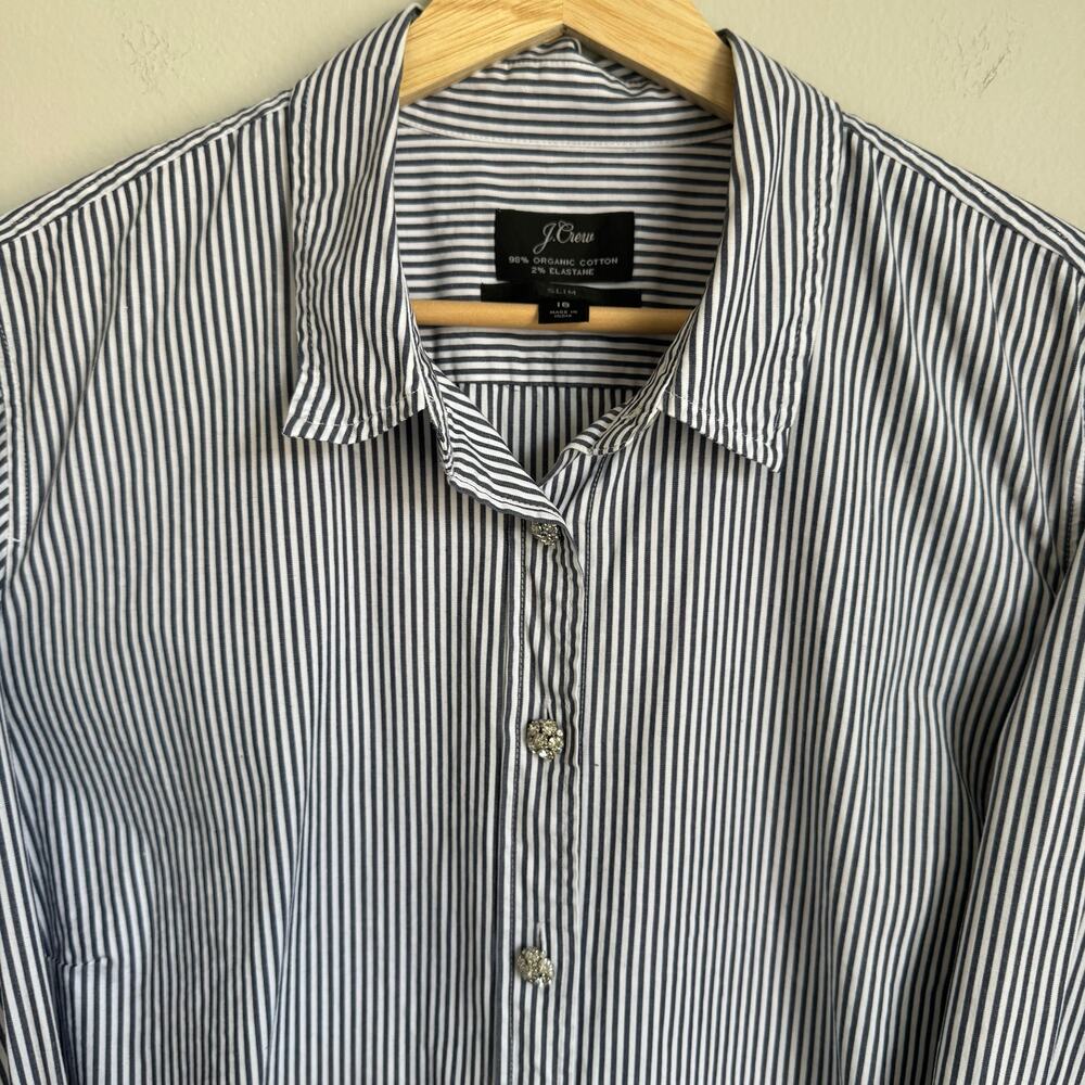 J.Crew Women Button Down Shirt Size 18 Navy White Stripe Jeweled Buttons Cotton - Picture 3 of 14